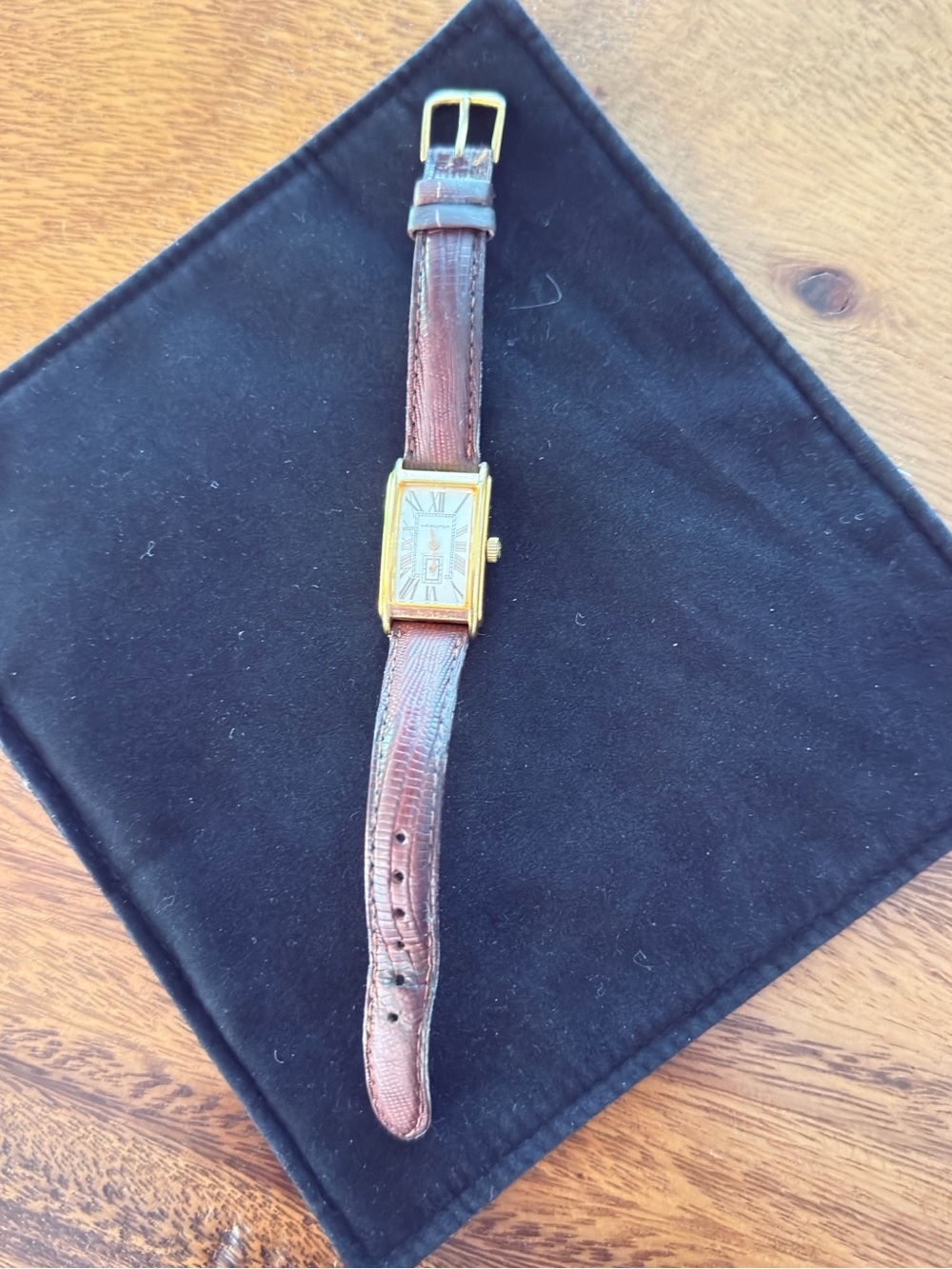 Hamilton Gold Rectangular Dress Watch with Brown Leather Strap